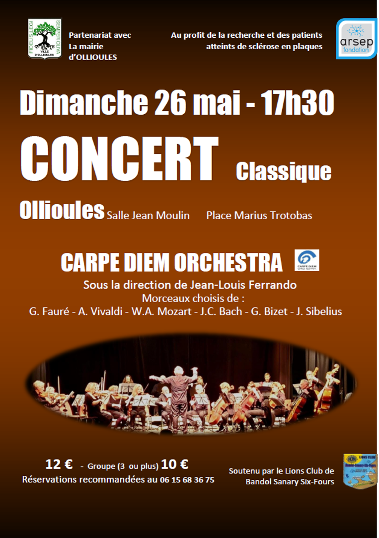 CONCERT à OLLIOULES le dimanche 26 mai 2024 au profit de la recherche sur la sclérose en plaques